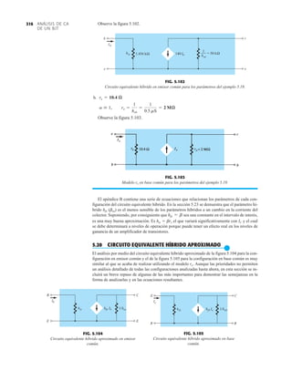 ANÁLISIS DE CA
DE UN BJT
316 Observe la figura 5.102.
Ib
hie
b
e
Ib
kΩ
1.456 hoe
1
140
c
e
= 50 kΩ
FIG. 5.102
Circuito equivalente híbrido en emisor común para los parámetros del ejemplo 5.19.
b.
Observe la figura 5.103.
a  1, ro =
1
hob
=
1
0.5 mS
= 2 Mæ
re = 10.4 æ
El apéndice B contiene una serie de ecuaciones que relacionan los parámetros de cada con-
figuración del circuito equivalente híbrido. En la sección 5.23 se demuestra que el parámetro hí-
brido hfe (bca) es el menos sensible de los parámetros híbridos a un cambio en la corriente del
colector. Suponiendo, por consiguiente que sea una constante en el intervalo de interés,
es una muy buena aproximación. Es hie  bre el que variará significativamente con IC y el cual
se debe determinará a niveles de operación porque puede tener un efecto real en los niveles de
ganancia de un amplificador de transistores.
5.20 CIRCUITO EQUIVALENTE HÍBRIDO APROXIMADO
●
El análisis por medio del circuito equivalente híbrido aproximado de la figura 5.104 para la con-
figuración en emisor común y el de la figura 5.105 para la configuración en base común es muy
similar al que se acaba de realizar utilizando el modelo re. Aunque las prioridades no permiten
un análisis detallado de todas las configuraciones analizadas hasta ahora, en esta sección se in-
cluirá un breve repaso de algunas de las más importantes para demostrar las semejanzas en la
forma de analizarlas y en las ecuaciones resultantes.
hfe = b
FIG. 5.103
Modelo re en base común para los parámetros del ejemplo 5.19.
hie
Ib
B C
E E
hfe Ib 1/hoe
FIG. 5.104
Circuito equivalente híbrido aproximado en emisor
común.
E C
B B
hfb Ie
hib
e
I
1/hob
FIG. 5.105
Circuito equivalente híbrido aproximado en base
común.
 
