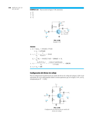 ANÁLISIS DE CA
DE UN BJT
318
EJEMPLO 5.20 Para la red de la figura 5.108, determine:
a.
b.
c.
d. Ai.
Av.
Zo.
Zi.
Vi
Vo
hfe = 120
1.175 kΩ
hie =
20 A/V
μ
hoe=
2.7 kΩ
8 V
330 kΩ
Io
Zo
Ii
Zi
Vi
Ii
Zi
Io
Vo
Zo
FIG. 5.108
Ejemplo 5.20.
Solución:
a.
b.
c.
d.
Configuración del divisor de voltaje
Para la configuración de polarización por medio del divisor de voltaje de la figura 5.109, la red
equivalente de ca de señal pequeña tendrá la misma apariencia que en la figura 5.107, con RB
reemplazada por R¿ = R1 7R2.
Ai  hfe = 120
Av = -
hfe1RC 71hoe2
hie
= -
1120212.7 kÆ 750 kÆ2
1.171 kÆ
= 262.34
Zo =
1
hoe
7RC = 50 kÆ 72.7 kÆ = 2.56 kÆ  RC
ro =
1
hoe
=
1
20 mAV
= 50 kÆ
 hie = 1.171 kæ
Zi = RB 7hie = 330 kÆ71.175 kÆ
VCC
C2
C1
RC
Zo
Vo
CE
RE
R2
hfe
hie
R1
Vi
Ii
Io
Zi
Ii
Vi
Zi
Io
Vo
Zo
FIG. 5.109
Configuración de polarización por medio del
divisor de voltaje.
 