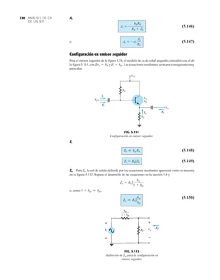 ANÁLISIS DE CA
DE UN BJT
320 Ai
(5.146)
o (5.147)
Configuración en emisor seguidor
Para el emisor seguidor de la figura 5.38, el modelo de ca de señal pequeña coincidirá con el de
la figura 5.111, con y Las ecuaciones resultantes serán por consiguiente muy
parecidas.
b = hfe.
bre = hie
Ai = -Av
Zi
RC
Ai = -
hfeRB
RB + Zb
VCC
hie
hfe
Vo
Zo
RE
Io
Vi
Ii
Zi
RB
Vi
Ii
Zi
Io
Vo
Zo
FIG. 5.111
Configuración en emisor seguidor.
Zo
Vo
+
–
FIG. 5.112
Definición de Zo para la configuración en
emisor seguidor.
Zi
(5.148)
(5.149)
Zo Para Zo, la red de salida definida por las ecuaciones resultantes aparecerá como se muestra
en la figura 5.112. Repase el desarrollo de las ecuaciones en la sección 5.8 y
o, como
(5.150)
Zo  RE 7
hie
hfe
1 + hfe  hfe,
Zo = RE 7
hie
1 + hfe
Zi = RB 7Zb
Zb  hfe RE
 