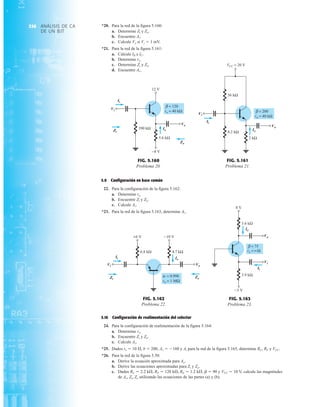 ANÁLISIS DE CA
DE UN BJT
356 *20. Para la red de la figura 5.160:
a. Determine Zi y Zo.
b. Encuentre Av.
c. Calcule Vo si Vi  1 mV.
*21. Para la red de la figura 5.161:
a. Calcule IB e IC.
b. Determine re.
c. Determine Zi y Zo.
d. Encuentre Av.
2 kΩ
8.2 kΩ
56 kΩ
= 20 V
VCC
Vi
Vo
Ii
Io
β = 200
ro = 40 kΩ
Vi
Ii
Io
Vo
FIG. 5.161
Problema 21.
12 V
Vi
Ii
Io
Vo
5.6 kΩ
−8 V
390 kΩ
Zi
Zo
β = 120
ro = 40 kΩ
Vi
Ii
Zi
Io
Vo
Zo
FIG. 5.160
Problema 20.
5.9 Configuración en base común
22. Para la configuración de la figura 5.162:
a. Determine re.
b. Encuentre Zi y Zo.
c. Calcule Av.
*23. Para la red de la figura 5.163, determine Av.
Ii Io
−10 V
4.7 kΩ
+6 V
6.8 kΩ
Vo
Vi
Zi Zo
ro = 1 MΩ
α = 0.998
Ii
Vi
Zi
Io
Vo
Zo
FIG. 5.162
Problema 22.
8 V
3.9 kΩ
−5 V
Vi
3.6 kΩ
Vo
Ii
Io
β = 75
ro =∞Ω
Io
Vo
Vi
Ii
FIG. 5.163
Problema 23.
5.10 Configuración de realimentación del colector
24. Para la configuración de realimentación de la figura 5.164:
a. Determine re.
b. Encuentre Zi y Zo.
c. Calcule Av.
*25. Dados re  10 Æ, b  200, Av  160 y Ai para la red de la figura 5.165, determine RC, RF y VCC.
*26. Para la red de la figura 5.50:
a. Derive la ecuación aproximada para Av.
b. Derive las ecuaciones aproximadas para Zi y Zo.
c. Dados RC  2.2 kÆ, RF  120 kÆ, RE  1.2 kÆ, b  90 y VCC  10 V, calcule las magnitudes
de Av, Zi, Zo utilizando las ecuaciones de las partes (a) y (b).
 