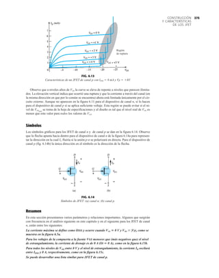 375
CONSTRUCCIÓN
Y CARACTERÍSTICAS
DE LOS JFET
Observe que a niveles altos de VDS la curva se eleva de repente a niveles que parecen ilimita-
dos. La elevación vertical indica que ocurrió una ruptura y que la corriente a través del canal (en
la misma dirección en que por lo común se encuentra) ahora está limitada únicamente por el cir-
cuito externo. Aunque no aparecen en la figura 6.11 para el dispositivo de canal n, sí lo hacen
para el dispositivo de canal p si se aplica suficiente voltaje. Esta región se puede evitar si el ni-
vel de VDSmáx
se toma de la hoja de especificaciones y el diseño es tal que el nivel real de VDS es
menor que este valor para todos los valores de VGS.
Símbolos
Los símbolos gráficos para los JFET de canal n y de canal p se dan en la figura 6.14. Observe
que la flecha apunta hacia dentro para el dispositivo de canal n de la figura 6.14a para represen-
tar la dirección en la cual IG fluiría si la unión p-n se polarizará en directa. Para el dispositivo de
canal p (fig. 6.14b) la única dirección en el símbolo es la dirección de la flecha.
FIG. 6.14
Símbolos de JFET: (a) canal n; (b) canal p.
Región
de ruptura
FIG. 6.13
Características de un JFET de canal p con IDSS  6 mA y Vp  6V.
Resumen
En esta sección presentamos varios parámetros y relaciones importantes. Algunos que surgirán
con frecuencia en el análisis siguiente en este capitulo y en el siguiente para los JFET de canal
n, están entre los siguientes:
La corriente máxima se define como IDSS y ocurre cuando VGS  0 V y VDS  |Vp|, como se
muestra en la figura 6.5a.
Para los voltajes de la compuerta a la fuente VGS menores que (más negativos que) el nivel
de estrangulamiento, la corriente de drenaje es de 0 A (ID  0 A), como en la figura 6.15b.
Para todos los niveles de VGS entre 0 V y el nivel de estrangulamiento, la corriente ID oscilará
entre IDSS y 0 A, respectivamente, como en la figura 6.15c.
Se puede desarrollar una lista similar para JFET de canal p.
 