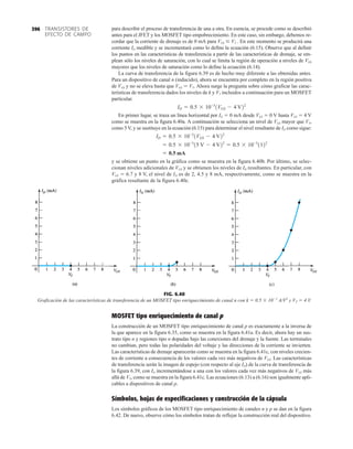 TRANSISTORES DE
EFECTO DE CAMPO
396 para describir el proceso de transferencia de una a otra. En esencia, se procede como se describió
antes para el JFET y los MOSFET tipo empobrecimiento. En este caso, sin embargo, debemos re-
cordar que la corriente de drenaje es de 0 mA para VGS VT . En este momento se producirá una
corriente ID medible y se incrementará como lo define la ecuación (6.15). Observe que al definir
los puntos en las características de transferencia a partir de las características de drenaje, se em-
plean sólo los niveles de saturación, con lo cual se limita la región de operación a niveles de VDS
mayores que los niveles de saturación como lo define la ecuación (6.14).
La curva de transferencia de la figura 6.39 es de hecho muy diferente a las obtenidas antes.
Para un dispositivo de canal n (inducido), ahora se encuentra por completo en la región positiva
de VGS y no se eleva hasta que VGS  VT. Ahora surge la pregunta sobre cómo graficar las carac-
terísticas de transferencia dados los niveles de k y VT incluidos a continuación para un MOSFET
particular.
En primer lugar, se traza un línea horizontal por ID  0 mA desde VGS  0 V hasta VGS  4 V
como se muestra en la figura 6.40a. A continuación se selecciona un nivel de VGS mayor que VT,
como 5V, y se sustituye en la ecuación (6.15) para determinar el nivel resultante de ID como sigue:
y se obtiene un punto en la gráfica como se muestra en la figura 6.40b. Por último, se selec-
cionan niveles adicionales de VGS y se obtienen los niveles de ID resultantes. En particular, con
VGS  6.7 y 8 V, el nivel de ID es de 2, 4.5 y 8 mA, respectivamente, como se muestra en la
gráfica resultante de la figura 6.40c.
= 0.5 mA
= 0.5 * 10-3
15 V - 4 V22
= 0.5 * 10-3
1122
ID = 0.5 * 10-3
1VGS - 4 V22
ID = 0.5 * 10-3
1VGS - 4 V22
FIG. 6.40
Graficación de las características de transferencia de un MOSFET tipo enriquecimiento de canal n con k  0.5 101
A/V2
y VT  4 V.
MOSFET tipo enriquecimiento de canal p
La construcción de un MOSFET tipo enriquecimiento de canal p es exactamente a la inversa de
la que aparece en la figura 6.35, como se muestra en la figura 6.41a. Es decir, ahora hay un sus-
trato tipo n y regiones tipo n dopadas bajo las conexiones del drenaje y la fuente. Las terminales
no cambian, pero todas las polaridades del voltaje y las direcciones de la corriente se invierten.
Las características de drenaje aparecerán como se muestra en la figura 6.41c, con niveles crecien-
tes de corriente a consecuencia de los valores cada vez más negativos de VGS. Las características
de transferencia serán la imagen de espejo (con respecto al eje ID) de la curva de transferencia de
la figura 6.39, con ID incrementándose a una con los valores cada vez más negativos de VGS más
allá de VT, como se muestra en la figura 6.41c. Las ecuaciones (6.13) a (6.16) son igualmente apli-
cables a dispositivos de canal p.
Símbolos, hojas de especificaciones y construcción de la cápsula
Los símbolos gráficos de los MOSFET tipo enriquecimiento de canales n y p se dan en la figura
6.42. De nuevo, observe cómo los símbolos tratan de reflejar la construcción real del dispositivo.
 