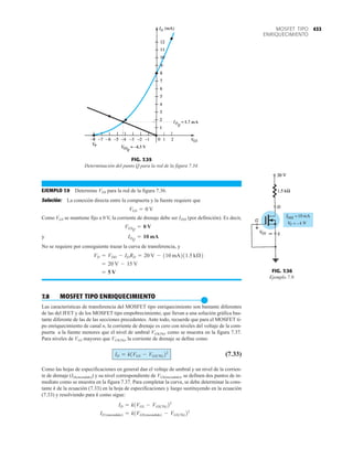 433
MOSFET TIPO
ENRIQUECIMIENTO
EJEMPLO 7.9 Determine VDS para la red de la figura 7.36.
Solución: La conexión directa entre la compuerta y la fuente requiere que
Como VGS se mantiene fijo a 0 V, la corriente de drenaje debe ser IDSS (por definición). Es decir,
y
No se requiere por consiguiente trazar la curva de transferencia, y
7.8 MOSFET TIPO ENRIQUECIMIENTO
●
Las características de transferencia del MOSFET tipo enriquecimiento son bastante diferentes
de las del JFET y de los MOSFET tipo empobrecimiento, que llevan a una solución gráfica bas-
tante diferente de las de las secciones precedentes. Ante todo, recuerde que para el MOSFET ti-
po enriquecimiento de canal n, la corriente de drenaje es cero con niveles del voltaje de la com-
puerta a la fuente menores que el nivel de umbral VGS(Th), como se muestra en la figura 7.37.
Para niveles de VGS mayores que VGS(Th), la corriente de drenaje se define como
(7.33)
Como las hojas de especificaciones en general dan el voltaje de umbral y un nivel de la corrien-
te de drenaje (ID(encendido)) y su nivel correspondiente de VGS(encendido), se definen dos puntos de in-
mediato como se muestra en la figura 7.37. Para completar la curva, se debe determinar la cons-
tante k de la ecuación (7.33) en la hoja de especificaciones y luego sustituyendo en la ecuación
(7.33) y resolviendo para k como sigue:
ID1encendido2 = k1VGS1encendido2 - VGS1Th222
ID = k1VGS - VGS1Th222
ID = k1VGS - VGS1Th222
= 5 V
= 20 V - 15 V
VD = VDD - IDRD = 20 V - 110 mA211.5 kÆ2
IDQ
= 10 mA
VGSQ
= 0 V
VGS = 0 V
FIG. 7.35
Determinación del punto Q para la red de la figura 7.34.
FIG. 7.36
Ejemplo 7.9.
 