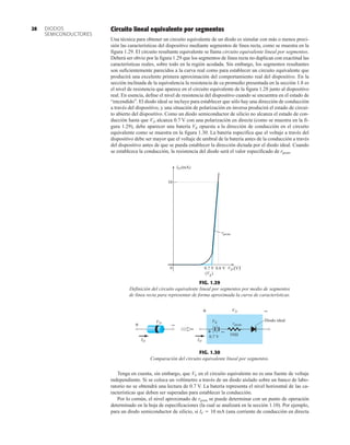 DIODOS
SEMICONDUCTORES
28 Circuito lineal equivalente por segmentos
Una técnica para obtener un circuito equivalente de un diodo es simular con más o menos preci-
sión las características del dispositivo mediante segmentos de línea recta, como se muestra en la
figura 1.29. El circuito resultante equivalente se llama circuito equivalente lineal por segmentos.
Deberá ser obvio por la figura 1.29 que los segmentos de línea recta no duplican con exactitud las
características reales, sobre todo en la región acodada. Sin embargo, los segmentos resultantes
son suficientemente parecidos a la curva real como para establecer un circuito equivalente que
producirá una excelente primera aproximación del comportamiento real del dispositivo. En la
sección inclinada de la equivalencia la resistencia de ca promedio presentada en la sección 1.8 es
el nivel de resistencia que aparece en el circuito equivalente de la figura 1.28 junto al dispositivo
real. En esencia, define el nivel de resistencia del dispositivo cuando se encuentra en el estado de
“encendido”. El diodo ideal se incluye para establecer que sólo hay una dirección de conducción
a través del dispositivo, y una situación de polarización en inversa producirá el estado de circui-
to abierto del dispositivo. Como un diodo semiconductor de silicio no alcanza el estado de con-
ducción hasta que VD alcanza 0.7 V con una polarización en directa (como se muestra en la fi-
gura 1.29), debe aparecer una batería VK opuesta a la dirección de conducción en el circuito
equivalente como se muestra en la figura 1.30. La batería especifica que el voltaje a través del
dispositivo debe ser mayor que el voltaje de umbral de la batería antes de la conducción a través
del dispositivo antes de que se pueda establecer la dirección dictada por el diodo ideal. Cuando
se establezca la conducción, la resistencia del diodo será el valor especificado de rprom.
10
0 0.7 V
(VK)
0.8 V VD (V)
rprom
I (mA)
D
I
FIG. 1.29
Definición del circuito equivalente lineal por segmentos por medio de segmentos
de línea recta para representar de forma aproximada la curva de características.
D
V
D
I
+ – prom
r
K
V
0.7 V 10Ω
D
V
Diodo ideal
+
+
–
–
D
I
FIG. 1.30
Comparación del circuito equivalente lineal por segmentos.
Tenga en cuenta, sin embargo, que VE en el circuito equivalente no es una fuente de voltaje
independiente. Si se coloca un voltímetro a través de un diodo aislado sobre un banco de labo-
ratorio no se obtendrá una lectura de 0.7 V. La batería representa el nivel horizontal de las ca-
racterísticas que deben ser superadas para establecer la conducción.
Por lo común, el nivel aproximado de rprom se puede determinar con un punto de operación
determinado en la hoja de especificaciones (la cual se analizará en la sección 1.10). Por ejemplo,
para un diodo semiconductor de silicio, si IF  10 mA (una corriente de conducción en directa
 
