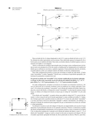 APLICACIONES
DEL DIODO
66 TABLA 2.1
Modelos aproximado e ideal del diodo semiconductor
Para un diodo de Ge el voltaje desplazado es de 0.3 V y para un diodo de GaAs es de 1.2 V.
No obstante las redes equivalentes son las mismas. Para cada diodo aparece la etiqueta Si, Ge o
GaAs junto con el símbolo del diodo. Para redes con diodos ideales el símbolo aparece como se
muestra en la tabla 2.1 sin etiquetas.
Ahora se utilizarán los modelos aproximados para investigar varias configuraciones de dio-
dos en serie con entradas de cd. De este modo se establecerán los fundamentos en el análisis de
diodos que se utilizará en secciones y capítulos siguientes. El procedimiento descrito, de hecho,
se puede aplicar a redes con cualquier número de diodos en diversas configuraciones.
Para cada configuración primero se tiene que investigar el estado de cada diodo. ¿Cuáles
están “encendidos” y cuáles “apagados”? Hecho esto, se sustituye el equivalente apropiado y de-
terminan los parámetros restantes de la red.
En general, un diodo está “encendido” si la corriente establecida por las fuentes aplicadas
es tal que su dirección concuerda con la de la flecha del símbolo del diodo y VD  0.7 V
para silicio; VD  0.3 V para germanio, y VD  1.2 V para arseniuro de galio.
En cada configuración, reemplace mentalmente los diodos con elementos resistivos y ob-
serve la dirección de la corriente resultante como la establecen los voltajes aplicados (“pre-
sión”). Si la dirección resultante “concuerda” con la flecha del símbolo del diodo, habrá con-
ducción a través del diodo y el dispositivo estará “encendido”. La descripción anterior, desde
luego, es válida si el voltaje de la fuente es mayor que el voltaje de “encendido” (VK) de cada
diodo.
Si un diodo está “encendido”, se puede colocar una caída de voltaje de 0.7 V a través del ele-
mento, o volver a trazar la red con el circuito equivalente VK como se define en la tabla 2.1. Andan-
do el tiempo quizá sólo se prefiera incluir la caída de 0.7 V a través de cada diodo “encendido”
y se trace una línea a través de cada diodo “apagado” o abierto. Inicialmente, sin embargo, se
utilizará el método de sustitución para asegurarse de que se determinen los niveles de corriente
y voltaje apropiados.
Se utilizará el circuito en serie de la figura 2.8 descrito con algún detalle en la sección 2.2 para
demostrar el procedimiento descrito en los párrafos anteriores. Primero se determina el estado
del diodo reemplazándolo mentalmente con un elemento resistivo como se muestra en la figura
2.9a. La dirección resultante de I coincide con la flecha del símbolo del diodo y como E  VK el
diodo está “encendido”. Luego se vuelve a trazar la red como se muestra en la figura 2.9b con
el modelo equivalente apropiado del diodo de silicio polarizado en directa. Observe, para futu-
FIG. 2.8
Configuración del diodo en serie.
0
Silicio:
Ideal:
ID
ID
ID = 0 A
ID = 0 A
ID
VD
VD
0
ID
0.7 V
+ 0.7 V – + 0.7 V –
Si
Si
ID
+ 0 V –
ID = 0 A
ID = 0 A
+ VD = 0 V –
ID
 
