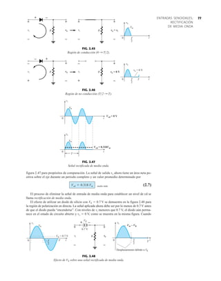 77
ENTRADAS SENOIDALES;
RECTIFICACIÓN
DE MEDIA ONDA
figura 2.47 para propósitos de comparación. La señal de salida vo ahora tiene un área neta po-
sitiva sobre el eje durante un periodo completo y un valor promedio determinado por
media onda (2.7)
El proceso de eliminar la señal de entrada de media onda para establecer un nivel de cd se
llama rectificación de media onda.
El efecto de utilizar un diodo de silicio con VK  0.7 V se demuestra en la figura 2.48 para
la región de polarización en directa. La señal aplicada ahora debe ser por lo menos de 0.7 V antes
de que el diodo pueda “encenderse”. Con niveles de vi menores que 0.7 V, el diodo aún perma-
nece en el estado de circuito abierto y vo  0 V, como se muestra en la misma figura. Cuando
Vcd = 0.318 Vm
FIG. 2.45
Región de conducción ( ).
0 : T2
+ –
vo = vi
0
o
v
m
V
T
2
vi
+
–
R vo
+
–
+
–
vi
+
–
R
t
FIG. 2.46
Región de no conducción ( ).
T2 : T
– +
0
o
v
T
2
T
R
R
–
+
vo = 0 V
+
–
vi
–
+
vo = 0 V
vo
+
–
vi
t
FIG. 2.47
Señal rectificada de media onda.
0
i
v
Vm
0
o
v
Vm
T
Vcd = 0.318Vm
Vcd = 0 V
t
t
i
v
Vm
0 T
2
T
R
+
0.7 V
o
v
0 T
2
T
Desplazamiento debido a VK
+ –
VK
–
o
v
+
i
v
–
VK = 0.7 V
Vm – VK
t
t
FIG. 2.48
Efecto de VK sobre una señal rectificada de media onda.
 