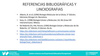 REFERENCIAS BIBLIOGRÁFICAS Y
LINCKOGRAFIAS
• Alberts, B. et al; (1996) Biología Molecular de la Célula; 3° Edición;
Ediciones Omega S.A. Barcelona.
• Karp, G.; (1998) Biología Celular y Molecular; Ed. Mc Graw Hill
Interamericana. México.
• De Rober@s (h), Hib, Ponzio; (1996) Biología Celular y Molecular de De
Rober@s; 12° Edición; El Ateneo. Bs.As.
• hlps://es.slideshare.net/Lilylup/adhesion-y-comunicacion-celular
• hlps://es.slideshare.net/raulalvaradorosas/adhesion-celular-raul-
alvarado?next_slideshow=1
• hlps://es.slideshare.net/isbel66/uniones-celulares-2-bachillerato-
biologa?next_slideshow=2
10/06/2020 61
 