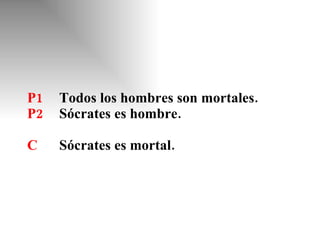 P1 Todos los hombres son mortales. P2 Sócrates es hombre. C Sócrates es mortal. 