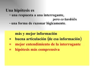 Una hipótesis es -  una respuesta a una interrogante, pero es también - una forma de razonar lógicamente. más y mejor información + buena articulación (de esa información)  = mejor entendimiento de la interrogante = hipótesis más comprensiva 