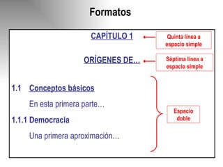 Formatos CAPÍTULO 1 ORÍGENES DE… 1.1   Conceptos básicos En esta primera parte… 1.1.1 Democracia Una primera aproximación… Quinta línea a espacio simple Espacio doble Séptima línea a espacio simple 