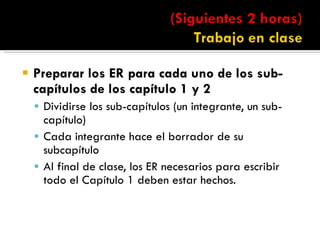 Preparar los ER para cada uno de los sub-capítulos de los capítulo 1 y 2 Dividirse los sub-capítulos (un integrante, un sub-capítulo) Cada integrante hace el borrador de su subcapítulo Al final de clase, los ER necesarios para escribir todo el Capítulo 1 deben estar hechos. 