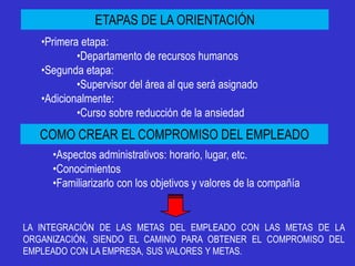 ETAPAS DE LA ORIENTACIÓN
   •Primera etapa:
           •Departamento de recursos humanos
   •Segunda etapa:
           •Supervisor del área al que será asignado
   •Adicionalmente:
           •Curso sobre reducción de la ansiedad
   COMO CREAR EL COMPROMISO DEL EMPLEADO
     •Aspectos administrativos: horario, lugar, etc.
     •Conocimientos
     •Familiarizarlo con los objetivos y valores de la compañía


LA INTEGRACIÓN DE LAS METAS DEL EMPLEADO CON LAS METAS DE LA
ORGANIZACIÓN, SIENDO EL CAMINO PARA OBTENER EL COMPROMISO DEL
EMPLEADO CON LA EMPRESA, SUS VALORES Y METAS.
 