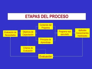 ETAPAS DEL PROCESO
                               Contenido del
                                Programa
                                                                 Aptitudes
Evaluación de   Objetivos de                   Programa real
                                                               Conocimientos
Necesidades     Capacitación                     ejecutado
                                                                Habilidades
                               Principios de
                               Aprendizaje

                Criterios de
                Evaluación

                               Evaluación
 