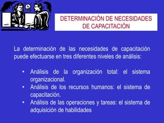 DETERMINACIÓN DE NECESIDADES
                         DE CAPACITACIÓN


La determinación de las necesidades de capacitación
puede efectuarse en tres diferentes niveles de análisis:

   • Análisis de la organización total: el sistema
     organizacional.
   • Análisis de los recursos humanos: el sistema de
     capacitación.
   • Análisis de las operaciones y tareas: el sistema de
     adquisición de habilidades
 