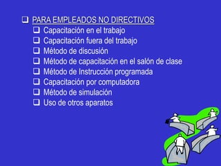  PARA EMPLEADOS NO DIRECTIVOS
   Capacitación en el trabajo
   Capacitación fuera del trabajo
   Método de discusión
   Método de capacitación en el salón de clase
   Método de Instrucción programada
   Capacitación por computadora
   Método de simulación
   Uso de otros aparatos
 