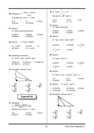 06. Simplificar: A =

3

Cov x
Si se sabe que: Cov x = 1 - Senx

a) 2
d) 2Cosx

b) 1
e) 1/2Cosx

Calcular: A =
a) 1/7
d) 4/7

c) Cosx

,   IC
2 .Tg2 + 1
b) 2/7
e) – 1/7

c) 3/7

03. Reducir:
E = 4senx cosx cos2x

07. Reducir:
C = 8Senx.Cosx.Cos2x.Cos4x
a) Sen2x
d) 2Sen4x

1

02. Si: Cos =

2Cos x  Sen 2x

a) sen2x
d) cos2x

b) Sen4x
e) 4Sen4x

b )sen4x
e) cos4x

c) sen8x

c) Sen8x
04. Reducir:
E = Tgx . Cos2x + Ctgx . Sen2x

2

08. Reducir:

J = Cos2x + 2Sen x
2

a) 1 + sen x
2
d) 2Cos x

2

b) Cos x
2
e) 1 + Cos x

a) sen2x

c) 1

b) 2sen2x

c)

1

Senx

2

d)

1

e) cos2x

Cosx

2

05. Reducir:

09. Simplificar la expresión:
3
3
K = Cos x  Senx  Sen x  Cosx
a) Sen 2x
d) 3.Sen 2x

b) 2.Sen 2x
c) Cos 2x

E = (senx + cosx)2 - 1

c) 0,5Sen 2x

a) sen2x
d)

b) 2sen2x

1
Cosx
2

c)

1
Senx
2

e) cos2x

10. Del gráfico, calcular: “Cos”
06. Reducir:
3
2

a)

3
5

d)

4
5

E = (senx + cosx + 1) (senx + cosx - 1)



a) 1
d) 2sen2x

b)

2
3

e)

07. Reducir:

6
7

c)

5
6

b)-1
e)N.A.
4

c) sen2x
4

C = Cos x – Sen x

2

a) Cos 2x
2
d) 2Cos 2x

b) 2Cos2x
e) 0,5Cos2x

c) Cos2x

08. Del gráfico, calcular: “Sen”

Tarea Nº 01

 

01. Simplificar:
(2Senx - Sen2x)
 Ctg x
A=
Vers x
Sabiendo que: Vers x = 1 – Cosx
a) 2
d) 2Senx

b) Cosx
e) 2Cosx

1

3

a)

-3-

2
3

b)

1
3

d)

c) Senx

3
5

e)

1
6

c)

3
4

Prof: Jhon Villacorta V.

 
