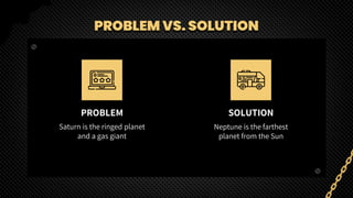 PROBLEM VS. SOLUTION
PROBLEM SOLUTION
Saturn is the ringed planet
and a gas giant
Neptune is the farthest
planet from the Sun
 