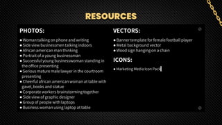RESOURCES
PHOTOS:
●Woman talking on phone and writing
●Side view businessmen talking indoors
●African american man thinking
●Portrait of a young businessman
●Successful young businesswoman standing in
the office presenting
●Serious mature male lawyer in the courtroom
presenting
●Cheerful african american woman at table with
gavel, books and statue
●Corporate workers brainstorming together
●Side view of graphic designer
●Group of people with laptops
●Business woman using laptop at table
VECTORS:
●Banner template for female football player
●Metal background vector
●Wood sign hanging on a chain
ICONS:
● Marketing Media Icon Pack
 