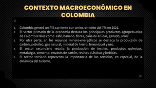 CONTEXTO MACROECONÓMICO EN
COLOMBIA
1. Colombia generó un PIB corriente con un incremento del 7% en 2021.
2. El sector primario de la economía destaca los principales productos agropecuarios
de Colombia tales como: café, banano, flores, caña de azúcar, ganado, arroz.
3. Por otra parte, en los recursos minero-energéticos se destaca la producción de
carbón, petróleo, gas natural, mineral de hierro, ferroníquel y oro.
4. El sector secundario resalta la producción de textiles, productos químicos,
metalurgia, cemento, envases de cartón, resinas plásticas y bebidas.
5. El sector terciario representa la importancia de los servicios, en especial, de la
dinámica del turismo.
 