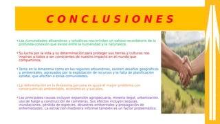 C O N C L U S I O N E S
• Las comunidades altoandinas y selváticas nos brindan un valioso recordatorio de la
profunda conexión que existe entre la humanidad y la naturaleza.
• Su lucha por la vida y su determinación para proteger sus tierras y culturas nos
inspiran a todos a ser conscientes de nuestro impacto en el mundo que
compartimos.
• Tanto en la Amazonia como en las regiones altoandinas, existen desafíos geográficos
y ambientales, agravados por la explotación de recursos y la falta de planificación
estatal, que afectan a estas comunidades.
• La deforestación en la Amazonía peruana es quizá el mayor problema con
consecuencias ambientales, económicas y sociales.
• Las principales causas incluyen expansión agropecuaria, minería ilegal, urbanización,
uso de fuego y construcción de carreteras. Sus efectos incluyen sequías,
inundaciones, pérdida de especies, desastres ambientales y propagación de
enfermedades. La extracción maderera informal también es un factor problemático.
 