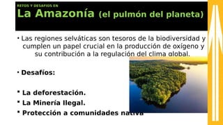 RETOS Y DESAFIOS EN
La Amazonía (el pulmón del planeta)
• Las regiones selváticas son tesoros de la biodiversidad y
cumplen un papel crucial en la producción de oxígeno y
su contribución a la regulación del clima global.
• Desafíos:
 La deforestación.
 La Minería Ilegal.
 Protección a comunidades nativa
 