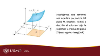 MOTIVACIÓN
Supongamos que tenemos
una superficie por encima del
plano XY, entonces vamos a
describir el volumen bajo la
superficie y encima del plano
XY (restringido a la región R)
 