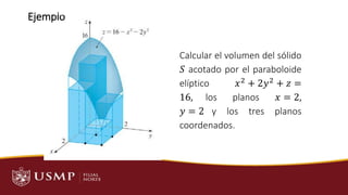 Ejemplo
Calcular el volumen del sólido
𝑆 acotado por el paraboloide
elíptico 𝑥2 + 2𝑦2 + 𝑧 =
16, los planos 𝑥 = 2,
𝑦 = 2 y los tres planos
coordenados.
SESIÓN 6 – Integrales Múltiples
 