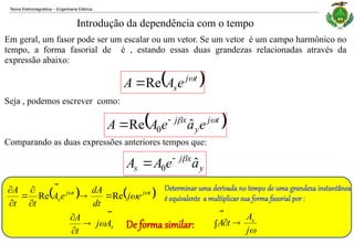 Teoria Eletromagnética Engenharia Elétrica
‒
Introdução da dependência com o tempo
Em geral, um fasor pode ser um escalar ou um vetor. Se um vetor é um campo harmônico no
tempo, a forma fasorial de é , estando essas duas grandezas relacionadas através da
expressão abaixo:
 
t
j
se
A
A 


Re

Seja , podemos escrever como:
 
t
j
y
x
j
e
a
e
A
A 

ˆ
Re 0



Comparando as duas expressões anteriores tempos que:
y
x
j
s a
e
A
A ˆ
0



   
t
j
t
j
s e
j
dt
A
d
e
A
t
t
A 


Re
Re 









Determinar uma derivada no tempo de uma grandeza instantânea
é equivalente a multiplicar sua forma fasorial por :
s
A
j
t
A 





De forma similar: 
j
A
t
A s





 