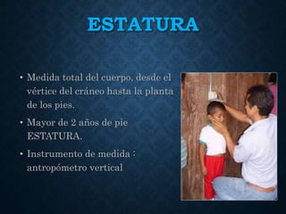 ESTATURA
• Medida total del cuerpo, desde el
vértice del cráneo hasta la planta
de los pies.
• Mayor de 2 años de pie
ESTATURA.
• Instrumento de medida :
antropómetro vertical
 