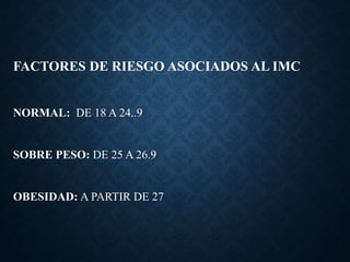 FACTORES DE RIESGO ASOCIADOS AL IMC
NORMAL: DE 18 A 24..9
SOBRE PESO: DE 25 A 26.9
OBESIDAD: A PARTIR DE 27
 