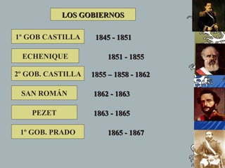 LOS GOBIERNOS

1º GOB CASTILLA     1845 - 1851

 ECHENIQUE              1851 - 1855

2º GOB. CASTILLA   1855 – 1858 - 1862

 SAN ROMÁN         1862 - 1863

    PEZET          1863 - 1865

 1º GOB. PRADO          1865 - 1867
 