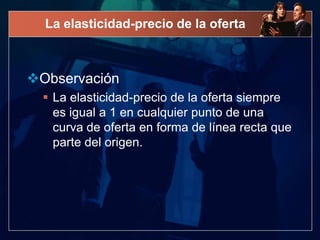 La elasticidad-precio de la oferta



Observación
   La elasticidad-precio de la oferta siempre
    es igual a 1 en cualquier punto de una
    curva de oferta en forma de línea recta que
    parte del origen.
 