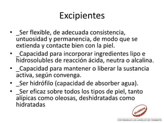 Excipientes
• _Ser flexible, de adecuada consistencia,
untuosidad y permanencia, de modo que se
extienda y contacte bien con la piel.
• _Capacidad para incorporar ingredientes lipo e
hidrosolubles de reacción ácida, neutra o alcalina.
• _Capacidad para mantener o liberar la sustancia
activa, según convenga.
• _Ser hidrófilo (capacidad de absorber agua).
• _Ser eficaz sobre todos los tipos de piel, tanto
alípicas como oleosas, deshidratadas como
hidratadas
 