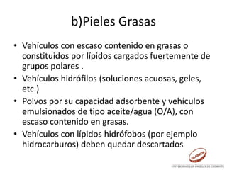 b)Pieles Grasas
• Vehículos con escaso contenido en grasas o
constituidos por lípidos cargados fuertemente de
grupos polares .
• Vehículos hidrófilos (soluciones acuosas, geles,
etc.)
• Polvos por su capacidad adsorbente y vehículos
emulsionados de tipo aceite/agua (O/A), con
escaso contenido en grasas.
• Vehículos con lípidos hidrófobos (por ejemplo
hidrocarburos) deben quedar descartados
 