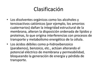 Clasificación
• Los disolventes orgánicos como los alcoholes y
tensioactivos catiónicos (por ejemplo, los amonios
cuaternarios) dañan la integridad estructural de la
membrana, alteran la disposición ordenada de lípidos y
proteínas, lo que origina interferencias con procesos de
transporte y metabolismo energético de la célula.
• Los ácidos débiles como p-hidroxibenzoico
(parabenos), benzoico, etc., actúan alterando el
potencial eléctrico de membrana y permeabilidad,
bloqueando la generación de energía y pérdida de
transporte.
 