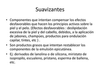 Suavizantes
• Componentes que intentan compensar los efectos
desfavorables que hacen los principios activos sobre la
piel y el pelo. (Efectos desfavorables : deslipidación
excesiva de la piel y del cabello, debidos, a la aplicación
de jabones, champúes, productos para ondulación
capilar, tintes, etc ) .
• Son productos grasos que intentan restablecer los
componentes de la emulsión epicutánea.
• Ej: derivados de lanolina o de silicona, miristato de
isopropilo, escualeno, pristano, esperma de ballena,
etc.
 