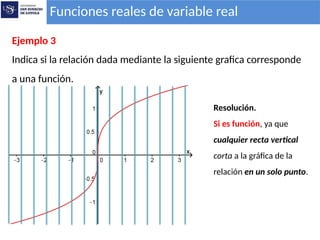 Funciones reales de variable real
Ejemplo 3
Indica si la relación dada mediante la siguiente grafica corresponde
a una función.
Resolución.
Si es función, ya que
cualquier recta vertical
corta a la gráfica de la
relación en un solo punto.
 