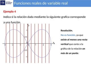 Funciones reales de variable real
Ejemplo 4
Indica si la relación dada mediante la siguiente grafica corresponde
a una función.
Resolución.
No es función, ya que
existe al menos una recta
vertical que corta a la
gráfica de la relación en
más de un punto.
 