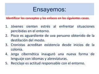 Ensayemos:
Identificar los conceptos y los enlaces en los siguientes casos.

1. Jóvenes sienten estrés al enfrentar situaciones
   percibidas en el entorno.
2. Pisco es aguardiente de uva peruano obtenido de la
   destilación del mosto.
3. Cronistas acreditan existencia desde inicios de la
   colonia.
4. Jerga cibernética inauguró una nueva forma de
   lenguaje con idiomas y abreviaturas.
5. Reciclaje es actitud responsable con el entorno.
 