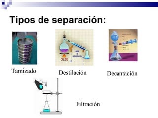 Tipos de separación: Tamizado Destilación  Decantación Filtración 