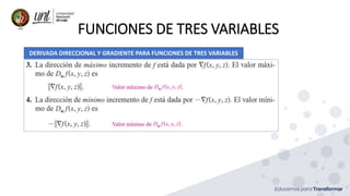FUNCIONES DE TRES VARIABLES
DERIVADA DIRECCIONAL Y GRADIENTE PARA FUNCIONES DE TRES VARIABLES
 