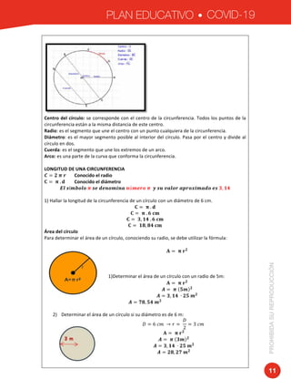 PLAN EDUCATIVO COVID-19
PROHIBIDASUREPRODUCCIÓN
11
	
	
Centro	del	círculo:	se	corresponde	con	el	centro	de	la	circunferencia.	Todos	los	puntos	de	la	
circunferencia	están	a	la	misma	distancia	de	este	centro.			
Radio:	es	el	segmento	que	une	el	centro	con	un	punto	cualquiera	de	la	circunferencia.	
Diámetro:	es	el	mayor	segmento	posible	al	interior	del	círculo.	Pasa	por	el	centro	y	divide	al	
círculo	en	dos.	
Cuerda:	es	el	segmento	que	une	los	extremos	de	un	arco.	
Arco:	es	una	parte	de	la	curva	que	conforma	la	circunferencia.	
	
LONGITUD	DE	UNA	CIRCUNFERENCIA	
! = #	%	&							Conocido	el	radio	
' = 	(	. *								Conocido	el	diámetro	
+,	-í/01,1	%	-2	3241/546	4ú/2&1	%		8	-9	:6,1&	6;&1<5/631	2-	=, ?@	
	
1)	Hallar	la	longitud	de	la	circunferencia	de	un	círculo	con	un	diámetro	de	6	cm.	
' = 	(	. *	
' = 	(	. A	BC	
' = 	=, ?@	. A	BC	
' = 	?D, D@	BC	
Área	del	círculo	
Para	determinar	el	área	de	un	círculo,	conociendo	su	radio,	se	debe	utilizar	la	fórmula:		
	
E = 	(	F#
	
	
	
	
1)Determinar	el	área	de	un	círculo	con	un	radio	de	5m:	
E = 	(	F#
	
G = 	%	 H/ #
	
G = =, ?@	 ∙ #H	/#
	
G = JD, H@	/#
	
	
2) Determinar	el	área	de	un	círculo	si	su	diámetro	es	de	6	m:	
K = 6	MN	 → P = 	
K
2
= 3	MN		
E = 	(	F#
	
G = 	%	 =/ #
	
G = =, ?@	 ∙ #H	/#
	
G = #D, #J	/#
	
	
	
 