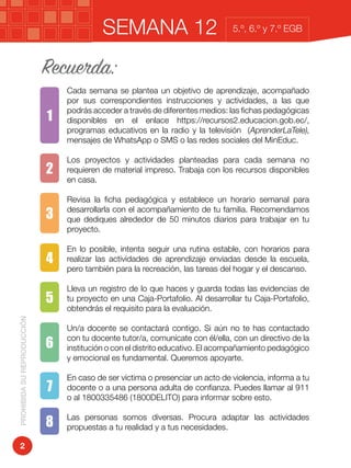 Recuerda:
1
2
3
4
5
6
7
8
Cada semana se plantea un objetivo de aprendizaje, acompañado
por sus correspondientes instrucciones y actividades, a las que
podrás acceder a través de diferentes medios: las fichas pedagógicas
disponibles en el enlace https://recursos2.educacion.gob.ec/,
programas educativos en la radio y la televisión (AprenderLaTele),
mensajes de WhatsApp o SMS o las redes sociales del MinEduc.
Los proyectos y actividades planteadas para cada semana no
requieren de material impreso. Trabaja con los recursos disponibles
en casa.
Revisa la ficha pedagógica y establece un horario semanal para
desarrollarla con el acompañamiento de tu familia. Recomendamos
que dediques alrededor de 50 minutos diarios para trabajar en tu
proyecto.
En lo posible, intenta seguir una rutina estable, con horarios para
realizar las actividades de aprendizaje enviadas desde la escuela,
pero también para la recreación, las tareas del hogar y el descanso.
Lleva un registro de lo que haces y guarda todas las evidencias de
tu proyecto en una Caja-Portafolio. Al desarrollar tu Caja-Portafolio,
obtendrás el requisito para la evaluación.
Un/a docente se contactará contigo. Si aún no te has contactado
con tu docente tutor/a, comunícate con él/ella, con un directivo de la
institución o con el distrito educativo. El acompañamiento pedagógico
y emocional es fundamental. Queremos apoyarte.
En caso de ser víctima o presenciar un acto de violencia, informa a tu
docente o a una persona adulta de confianza. Puedes llamar al 911
o al 1800335486 (1800DELITO) para informar sobre esto.
Las personas somos diversas. Procura adaptar las actividades
propuestas a tu realidad y a tus necesidades.
SEMANA 12PROHIBIDASUREPRODUCCIÓN
2
5.º, 6.º y 7.º EGB
 