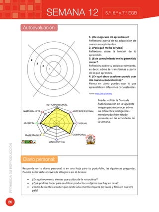 SEMANA 12PROHIBIDASUREPRODUCCIÓN
20
5.º, 6.º y 7.º EGB
Autoevaluación			
	
	
1.	¿He	mejorado	mi	aprendizaje?			
Reflexiona	acerca	de	tu	adquisición	de	
nuevos	conocimientos.	
2.	¿Para	qué	me	ha	servido?	
Reflexiona	 sobre	 la	 función	 de	 lo	
aprendido.			
3.	¿Este	conocimiento	me	ha	permitido	
crecer?	
Reflexiona	sobre	tu	propio	crecimiento,	
es	decir,	cómo	te	transformas	a	partir	
de	lo	que	aprendes.		
4.	¿En	qué	otras	ocasiones	puedo	usar	
mis	nuevos	conocimientos?		
Piensa	 en	 cómo	 puedes	 usar	 lo	 que	
aprendiste	en	diferentes	circunstancias.	
	
Fuente:	https://bit.ly/2zkTdwj	
	
Puedes	utilizar	la	Diana	de	
Autoevaluación	en	la	siguiente	
imagen	para	reconocer	cómo	
las	diferentes	inteligencias	
mencionadas	han	estado	
presentes	en	las	actividades	de	
la	semana.		
	
	
	
	
	
	
	
	
	
Diario	personal:	
	
	
Responde	 en	 tu	 diario	 personal,	 o	 en	 una	 hoja	 para	 tu	 portafolio,	 las	 siguientes	 preguntas.	
Puedes	expresarte	a	través	de	dibujos	si	así	lo	deseas:	
	
• ¿En	qué	momento	sientes	que	cuidas	de	la	naturaleza?	
• ¿Qué	podrías	hacer	para	reutilizar	productos	u	objetos	que	hay	en	casa?	
• ¿Cómo	te	sientes	al	saber	que	existe	una	enorme	riqueza	de	fauna	y	flora	en	nuestro	
país?	
	
	
	
	
	
Diario personal:
Autoevaluación
 