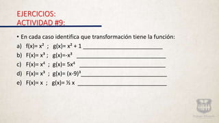 EJERCICIOS:
ACTIVIDAD #9:
• En cada caso identifica que transformación tiene la función:
a) f(x)= x² ; g(x)= x² + 1 _________________________
b) F(x)= x³ ; g(x)=-x³ ____________________________
c) F(x)= x4 ; g(x)= 5x4 ___________________________
d) F(x)= x³ ; g(x)= (x-9)³___________________________
e) F(x)= x ; g(x)= ½ x ____________________________
 