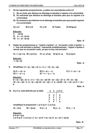 UNMSM-CENTRO PREUNIVERSITARIO Ciclo 2015-II
Semana Nº 1 (Prohibida su reproducción y venta) Pág. 32
7. De las siguientes proposiciones, ¿cuáles son equivalentes entre sí?
I) No es cierto que Adriana se distraiga al estudiar e ingrese a la universidad.
II) Es suficiente que Adriana se distraiga al estudiar para que no ingrese a la
universidad.
III) Es necesario que Adriana no se distraiga al estudiar para que pueda ingresar
a la universidad.
A) I y II B) II y III C) I y III D) Todas E) Ninguna
Solución:
I) (p∧q)
II) pq(p∧q)
III) qp(p∧q)
Rpta.: D
8. Dadas las proposiciones p: “viajaré a Iquitos”, q: “encuentro vuelo a Iquitos” y
r: “hay ruta terrestre a Iquitos”; represente simbólicamente: “viajaré a Iquitos a
menos que no encuentre vuelo, ya que no hay ruta terrestre”.
A) r(p q) B) (p∨r)∧q C) p(r∨q) D) (p∨r)q E) p∨(q∧r)
Solución:
r(pq)
Rpta.: A
9. Simplifique [t  (p  q)]  {[~ q  (r △ ~ r)]  (p  q)}.
A) (t ~ q)  p B) (t  p)  ~ q C) (~ t  p)  ~q
D) t  ~ p  q E) ~ t  ~ p  ~ q
Solución:
[t  (p  q)]  {[~ q  (r △ ~ r)]  (p  q)} [t  (p  q)]  {[~ q  V]  (p  q)}
[t  (p  q)]  {~ q  (p  q)} [t  (p  q)]  {~ q  p}[(t  q) ~ q]  p (t ~ q) 
p
Rpta.: A
10. Si p  q está definido por la tabla p q p  q
V V V
V F V
F V F
F F V
simplifique la proposición (p  q)  (q  p).
A) ~ p∨q B) ~ (p∧q) C) p  q D) p  q E) p  ~ p
Solución:
p  q~ q∨p
(p  q)  (q  p)  (~ q~ p) ~ (~p~q) (~ q~ p) ~ (p∧q)
Rpta.: B
 