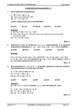 UNMSM-CENTRO PREUNIVERSITARIO Ciclo 2015-II
Semana Nº 1 (Prohibida su reproducción y venta) Pág. 33
EJERCICIOS DE EVALUACIÓN N° 1
1. De las siguientes proposiciones:
I) [p ⟷ (q ∧ ~ q)]  ~ p
II) ( q  p )  [~ p △ (t  t)]
III) ~ (r  ~ r)  (p  t)
¿cuál o cuáles tienen valor de verdad falso?
A) I y III B) I y II C) Solo III D) Solo II E) Solo I
Solución:
I) [p ⟷ (q ∧ ~ q)]  ~ p  ~p  ~ pV
II) ( q  p )  [~ p △ (t  t)] ( q  p )  [~ p △ V] ( q  p )  [~ p △ V]
( q  p )  pF
III) ~ (r  ~ r)  (p  t) V
Rpta.: D
2. Determine el valor de verdad de p, q, r y s, respectivamente, si la siguiente
proposición compuesta [ (r ∧ r)→ s]  [ (p  q)   (s ∨ r)] es verdadera.
A) VFVF B) FFVV C) FFFF D) FVVF E) FVVV
Solución:
[ (r ∧ r)→ s]  [ (p  q)   (s ∨ r)] V[ F→ s]  [ (p  q)   (s ∨ r)] 
V  [ (p  q)   (s ∨ r)], entonces [ (p  q)   (s ∨ r)] V, luego p  qF y
s ∨ rF. por lo tanto pV, qF, rV y sF
Rpta.: A
3. Si la proposición (r ∨ ~r)⟷ (~ p  ~ q) es falsa, determine el valor de verdad de
las proposiciones en el orden que se indica.
I) [~ (q  p)  (rp)]  (r  q)
II) ~t  ((r  ~p)  q)
III) (q  t)  (~(p r)  t)
A) VFV B) FFF C) VFF D) FVV E) FVF
Solución:
(r ∨ ~r)⟷ (~ p  ~ q)  F, entonces ~ p  ~ qF, de donde pF y qV
I) [~ (q  p)  (rp)]  (r  q) F
II) ~t  ((r  ~p)  q) V
III) (q  t)  (~(p r)  t) V
Rpta.: D
 