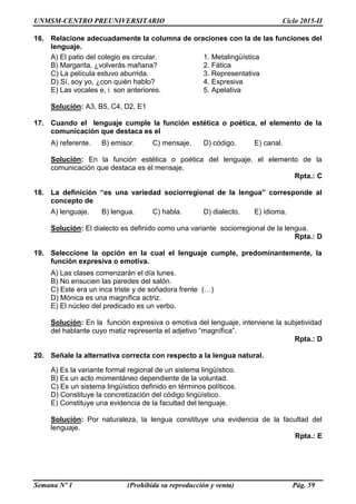 UNMSM-CENTRO PREUNIVERSITARIO Ciclo 2015-II
Semana Nº 1 (Prohibida su reproducción y venta) Pág. 59
16. Relacione adecuadamente la columna de oraciones con la de las funciones del
lenguaje.
A) El patio del colegio es circular. 1. Metalingüística
B) Margarita, ¿volverás mañana? 2. Fática
C) La película estuvo aburrida. 3. Representativa
D) Sí, soy yo, ¿con quién hablo? 4. Expresiva
E) Las vocales e, i son anteriores. 5. Apelativa
Solución: A3, B5, C4, D2, E1
17. Cuando el lenguaje cumple la función estética o poética, el elemento de la
comunicación que destaca es el
A) referente. B) emisor. C) mensaje. D) código. E) canal.
Solución: En la función estética o poética del lenguaje, el elemento de la
comunicación que destaca es el mensaje.
Rpta.: C
18. La definición “es una variedad sociorregional de la lengua” corresponde al
concepto de
A) lenguaje. B) lengua. C) habla. D) dialecto. E) idioma.
Solución: El dialecto es definido como una variante sociorregional de la lengua.
Rpta.: D
19. Seleccione la opción en la cual el lenguaje cumple, predominantemente, la
función expresiva o emotiva.
A) Las clases comenzarán el día lunes.
B) No ensucien las paredes del salón.
C) Este era un inca triste y de soñadora frente (…)
D) Mónica es una magnífica actriz.
E) El núcleo del predicado es un verbo.
Solución: En la función expresiva o emotiva del lenguaje, interviene la subjetividad
del hablante cuyo matiz representa el adjetivo “magnífica”.
Rpta.: D
20. Señale la alternativa correcta con respecto a la lengua natural.
A) Es la variante formal regional de un sistema lingüístico.
B) Es un acto momentáneo dependiente de la voluntad.
C) Es un sistema lingüístico definido en términos políticos.
D) Constituye la concretización del código lingüístico.
E) Constituye una evidencia de la facultad del lenguaje.
Solución: Por naturaleza, la lengua constituye una evidencia de la facultad del
lenguaje.
Rpta.: E
 