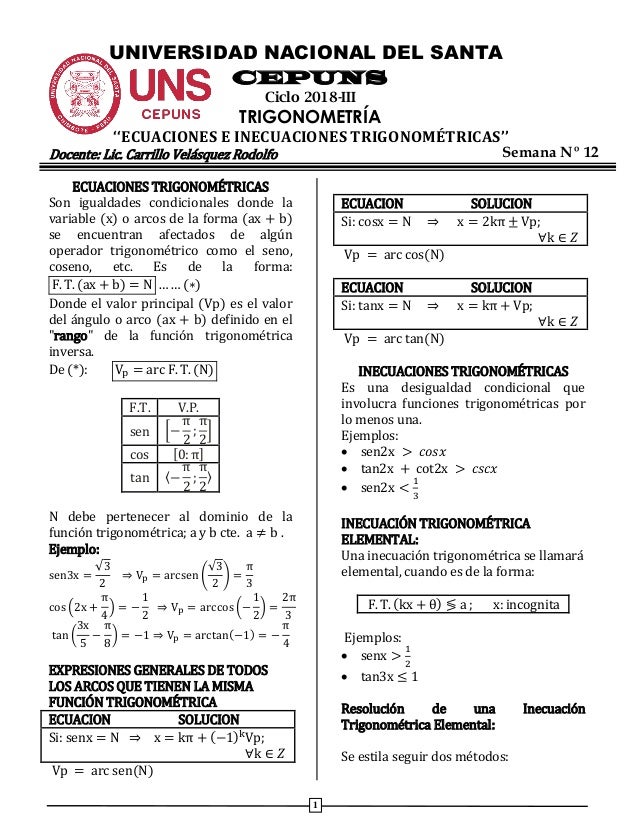 Semana 12 Ecuaciones E Inecuaciones Trigonometricas X Semana 12 Ecuaciones E Inecuaciones Trigonometricas X