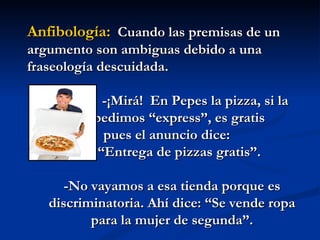 Anfibología:   Cuando las premisas de un argumento son ambiguas debido a una fraseología descuidada.  -¡Mirá!  En Pepes la pizza, si la pedimos “express”, es gratis  pues el anuncio dice:  “ Entrega de pizzas gratis”.  -No vayamos a esa tienda porque es discriminatoria. Ahí dice: “Se vende ropa para la mujer de segunda”. 
